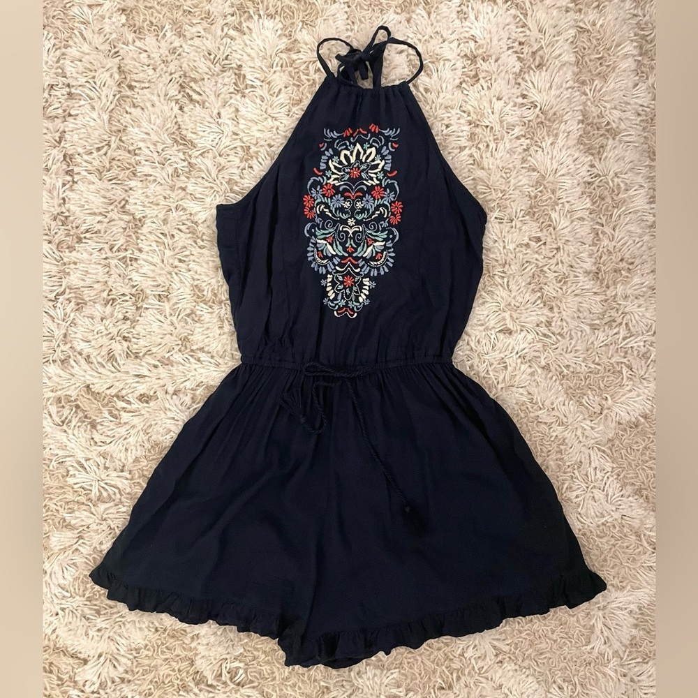 Hollister Women’s Size XS Navy Blue High Neck Embroidered Romper